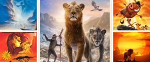 A collage of iconic 'The Lion King' visuals. In the center, the poster from 'Mufasa: The Lion King.' Around it, movie posters for each of the animated movies from the Lion King franchise.