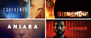 A collage of four underrated sci-fi movie posters: "Coherence" featuring a woman's face with a cosmic background, "Sunshine" showing a close-up of a character's eye with a fiery glow, "Aniara" with a somber face set against a dark space backdrop, and "Upgrade" displaying a man with a glitchy, red-toned effect and the tagline "Not man. Not machine. More."