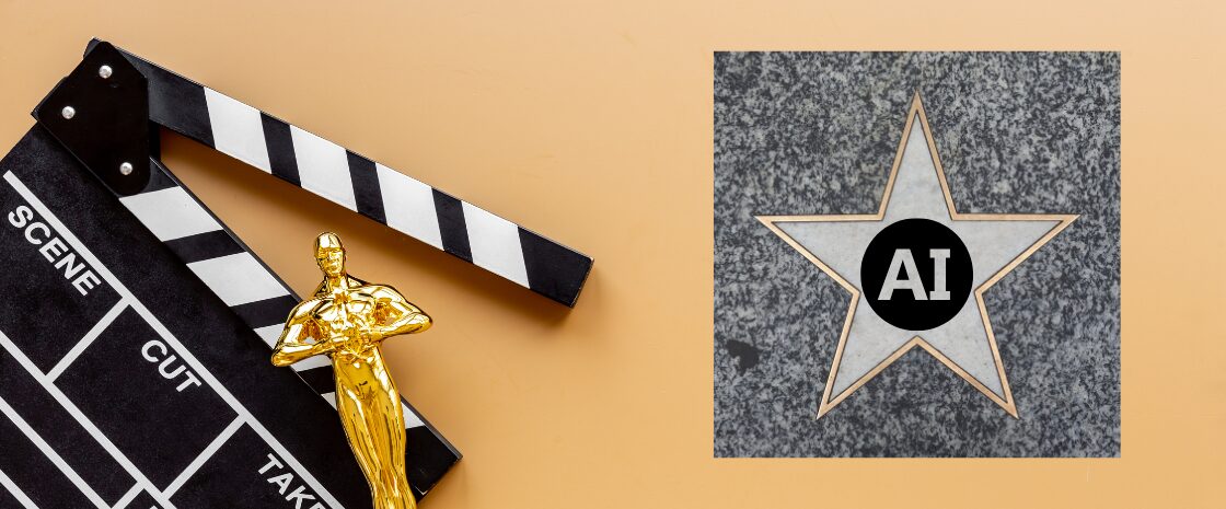 Hollywood film clapperboard and Oscar-style statue next to a Walk of Fame star labeled 'AI', symbolizing the rise of artificial intelligence in the film industry.