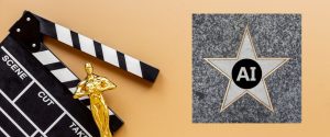 Hollywood film clapperboard and Oscar-style statue next to a Walk of Fame star labeled 'AI', symbolizing the rise of artificial intelligence in the film industry.
