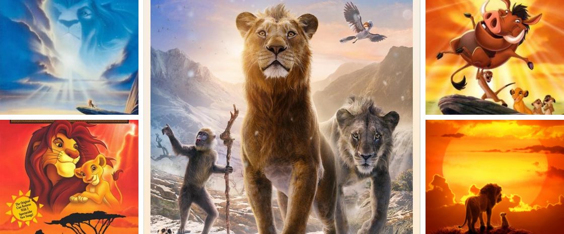 A collage of iconic 'The Lion King' visuals. In the center, the poster from 'Mufasa: The Lion King.' Around it, movie posters for each of the animated movies from the Lion King franchise.