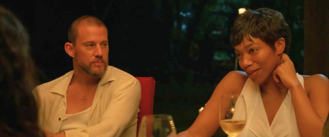 Channing Tatum and Naomi Ackie share a tense moment over dinner in Blink Twice.