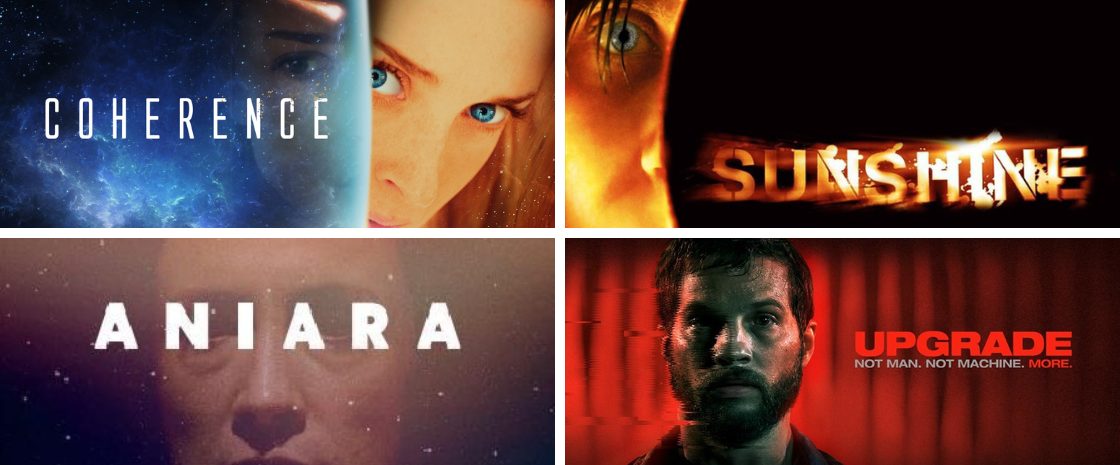 A collage of four underrated sci-fi movie posters: "Coherence" featuring a woman's face with a cosmic background, "Sunshine" showing a close-up of a character's eye with a fiery glow, "Aniara" with a somber face set against a dark space backdrop, and "Upgrade" displaying a man with a glitchy, red-toned effect and the tagline "Not man. Not machine. More."