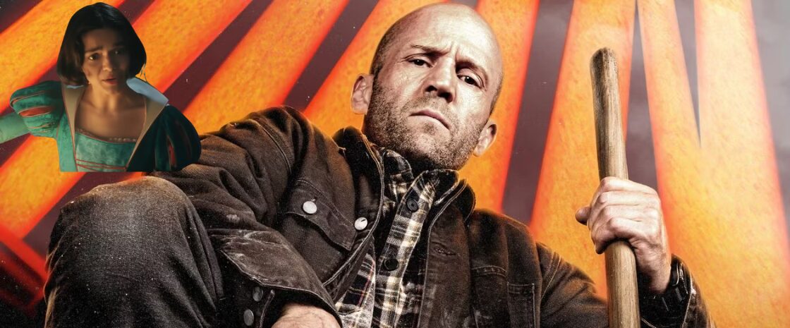 Jason Statham holding a shovel with a serious expression in 'A Working Man' poster, alongside Rachel Zegler as Snow White in a dramatic pose.