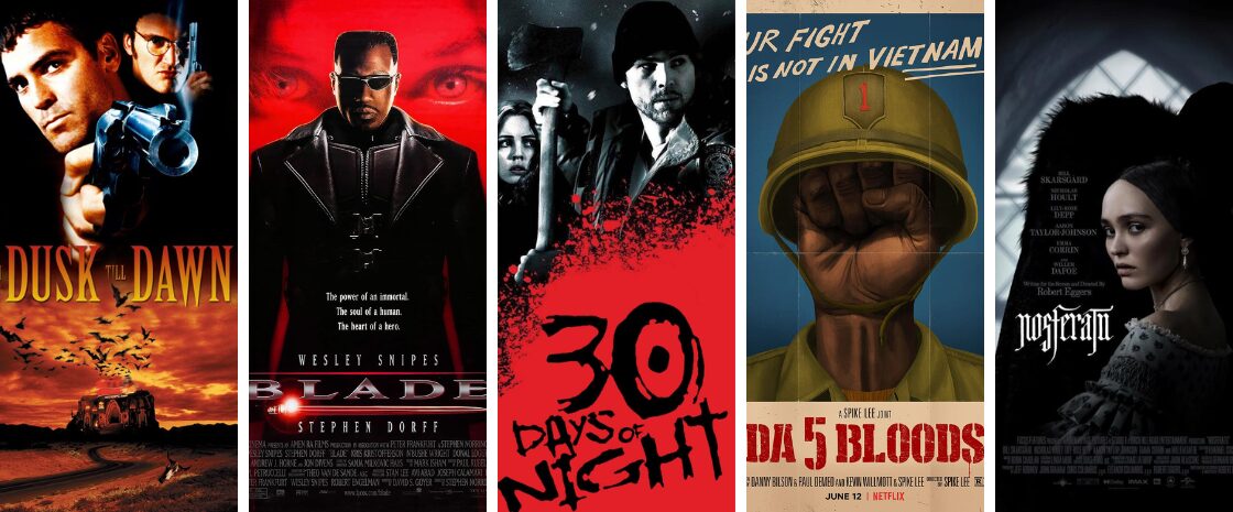Collage of horror movies like Sinners, featuring Blade, Nosferatu, and more.